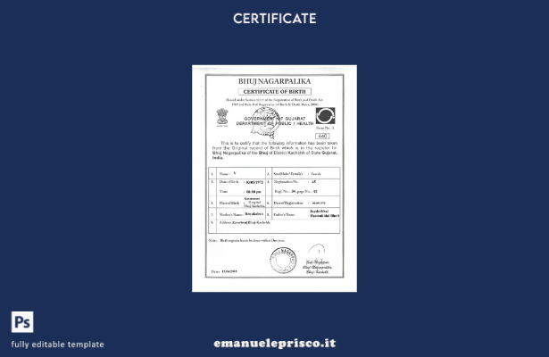 modello di certificato di nascita dell'India Gujarat in stile verificato
